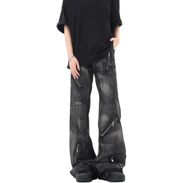 极限涡轮 美式复古刷蜡脏洗微喇高街拉链设计重工痞帅长裤牛仔裤 男女同款 黑色