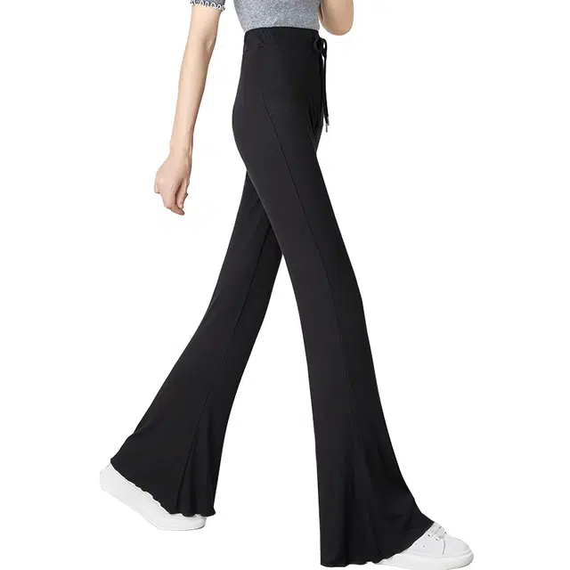 她池 松紧腰阔腿宽松韩版女装微喇弹力休闲裤 女款 黑色