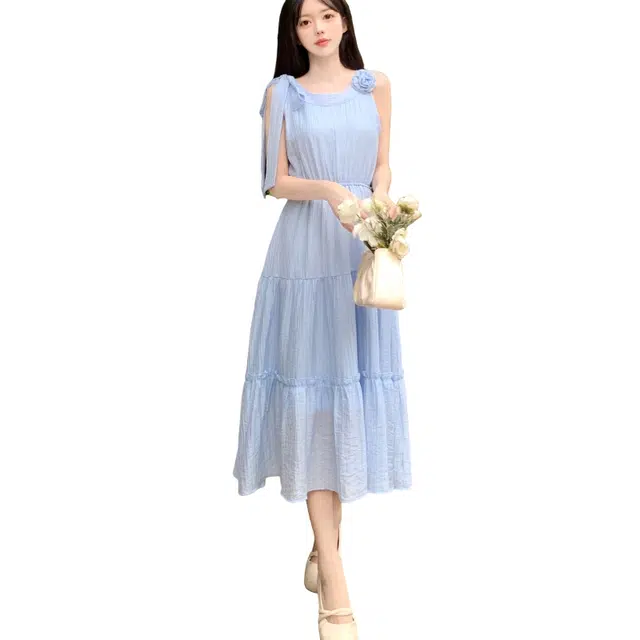 丝絮丝绸 法式高级感气质甜美收腰长裙无袖连衣裙 女款