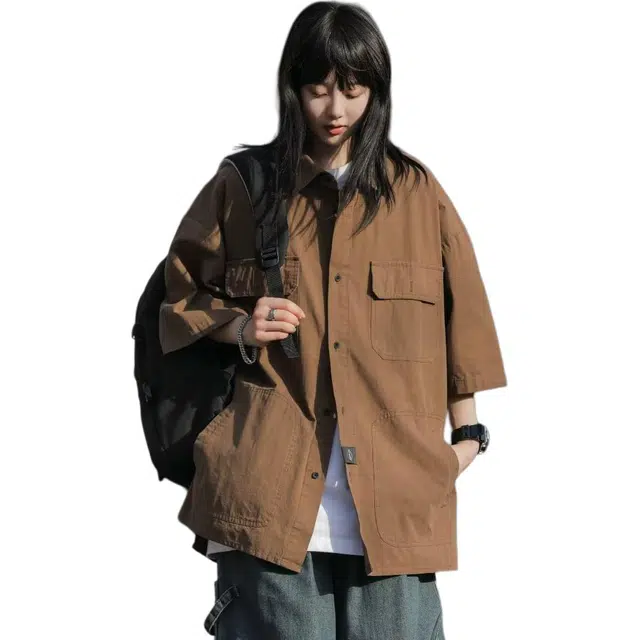 玉儿恋 户外日系复古潮流宽松休闲短袖衬衫 女款