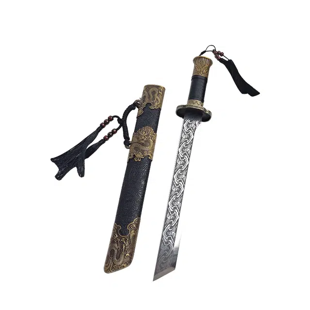 天字号 云龙短唐横刀 高碳钢刀身皮绳绕实木手柄合金装饰短刀剑 未开刃 成品模型