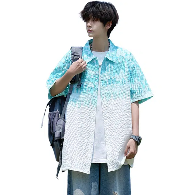 徐百货 美式渐变色扎染薄款泡泡纱肌理感透气潮流翻领衬衣短袖衬衫 男女同款