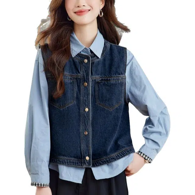 曲韩 圆领双口袋设计休闲时尚短款无袖上衣洋气百搭外穿纯棉牛仔马甲 女款