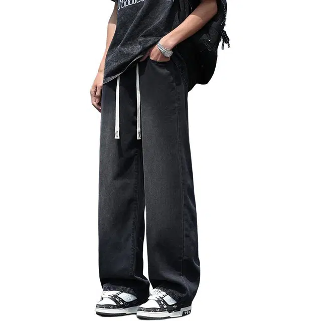 么宁 夏季薄款凉感舒适透气宽松直筒简约百搭抽绳款松紧腰阔腿牛仔裤 男女同款