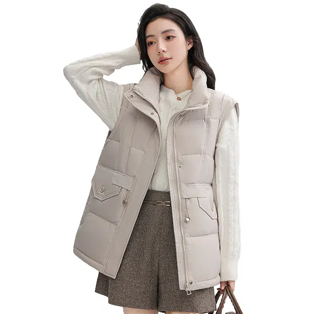 鸭鸭 立领抽绳收腰韩版时尚复古休闲羽绒马甲 女款