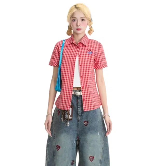 玉儿恋 美式简约百搭翻领拼色薄款短袖衬衫 女款 粉格子
