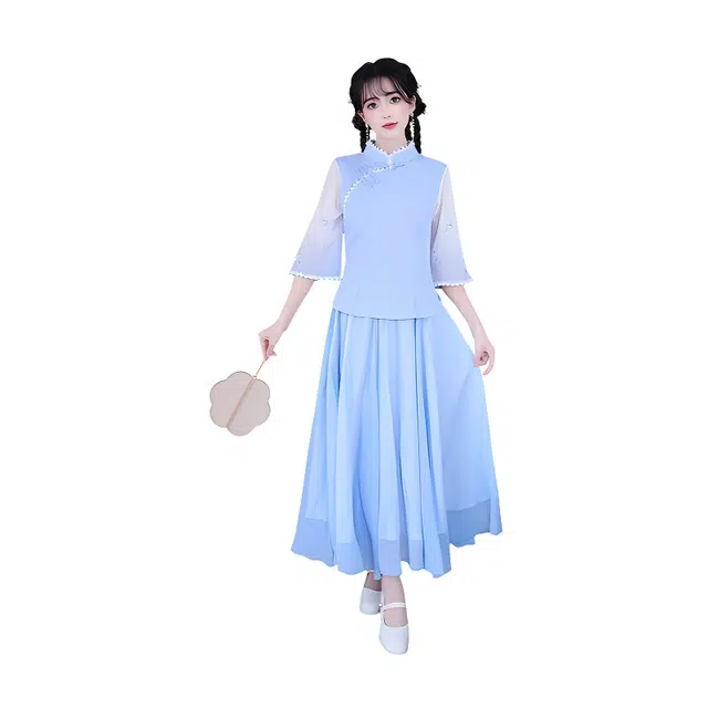荟萃阁 新中式气质古典立领斜襟盘扣镶珠刺绣上衣国风复古半身裙裙装套装 女款