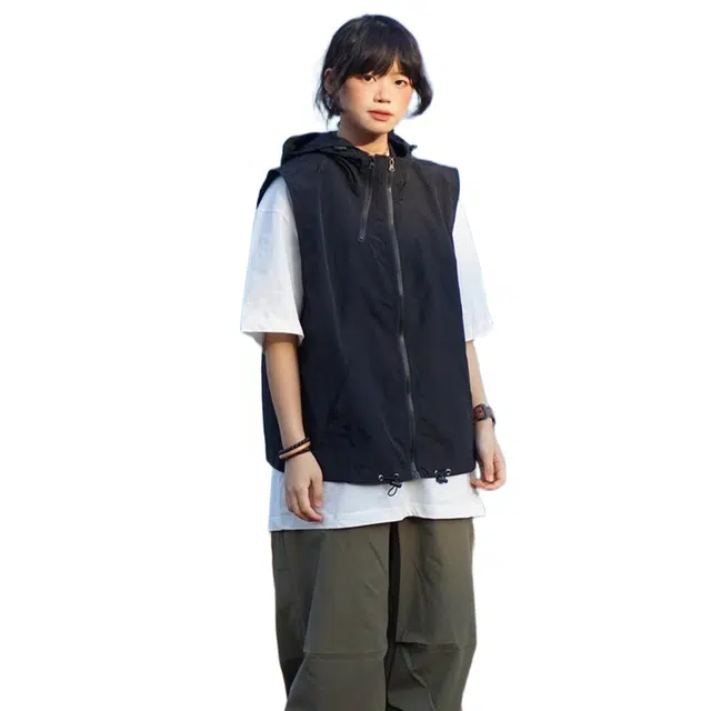 一碗士多 日系复古风衣速干连帽宽松工装骑行外套马甲 男女同款