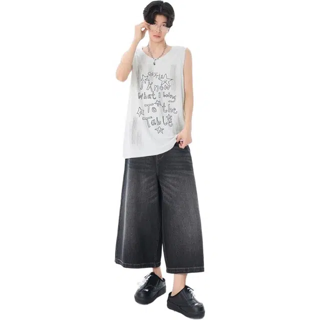 宝米卡 美式复古高街设计感宽松马裤阔腿中裤牛仔短裤 男女同款