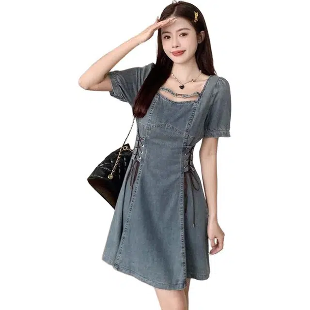 哒头下雨不愁 法式气质牛仔大码复古收腰显瘦泡泡裙子短袖连衣裙 女款