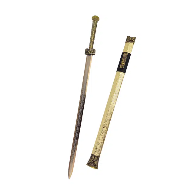 天字号 金墨渊汉剑 绸缎包木鞘金属浮雕手柄装饰高锰钢刃宝剑 未开刃 成品模型