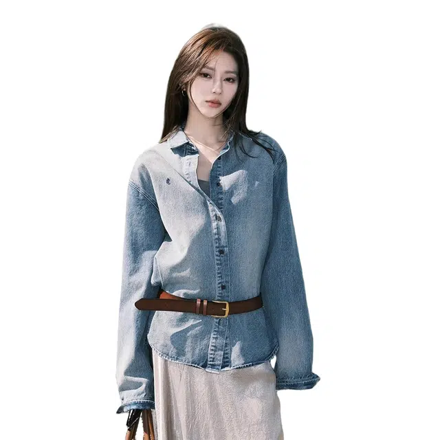 涂诗菲 水洗牛仔外套设计感小众衬衣高级感长袖衬衫 女款 蓝色