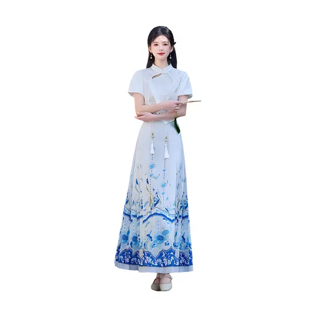 荟萃阁 新中式国潮斜襟立领提花盘扣一片式超大摆织金刺绣马面裙裙装套装 女款