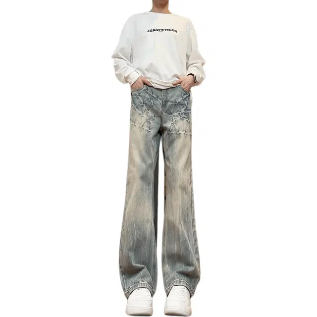 洞洞拐 韩版美式高街复古闪电爆裂纹水洗做旧小众高腰直筒微喇拖地显高显瘦长裤牛仔裤 男女同款