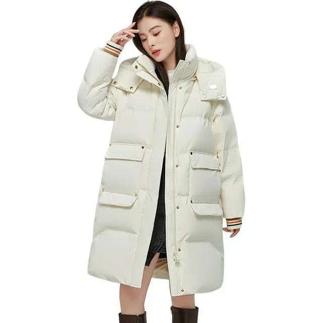 鸭鸭 纯色连帽拉链加厚休闲长袖羽绒服 女款