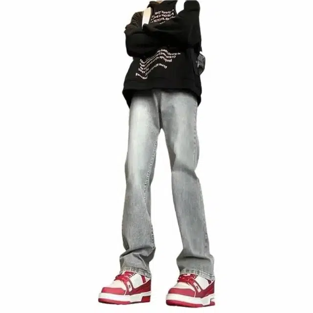 八哥 潮牌高街复古黑牛微喇弯刀裤废土风水洗做旧基础款窄版日常通勤简约垂感高级感牛仔裤 男女同款