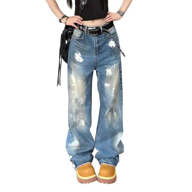 冈哉 美式潮牌个性涂鸦泼墨设计水洗做旧废土风痞帅宽松垂感直筒百搭舒适显高潮流休闲柔软拖地弯刀牛仔裤 男女同款
