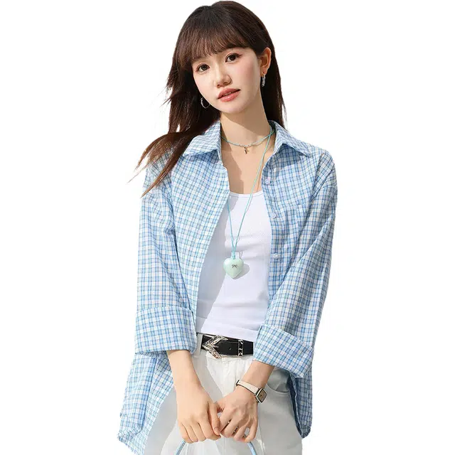 木清清 内搭防晒格子女夏慵懒风设计感上衣法式薄款衬衣开衫外搭长袖衬衫 女款