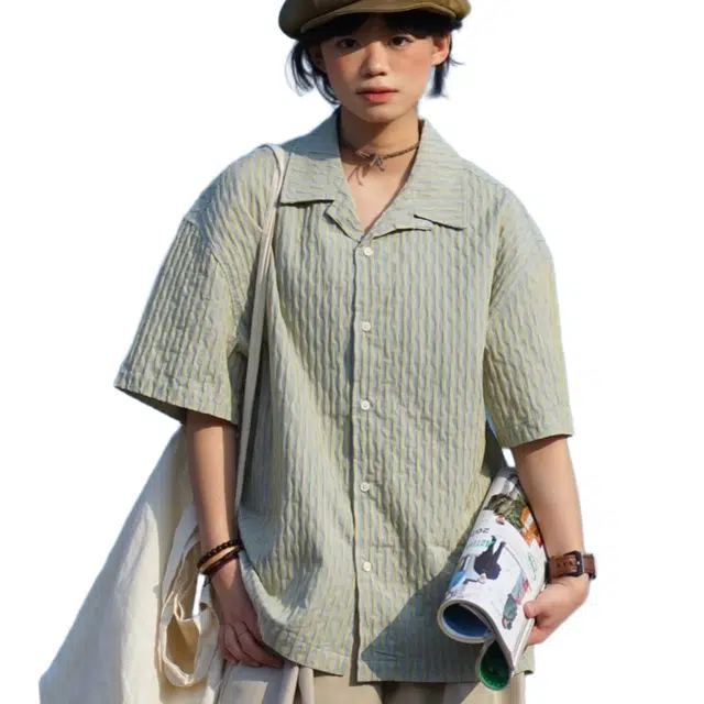 一碗士多 复古条纹高级感小众时髦短袖衬衫 男女同款