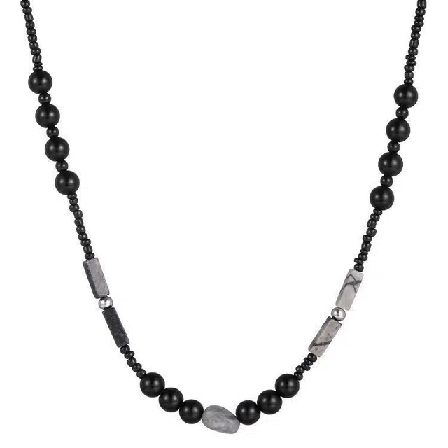 前方大荒野 黑色串珠锁骨链个性简约小众设计不规则石块拼接新中式潮流时尚创意百搭精致潮酷气质 树脂 项链 男款