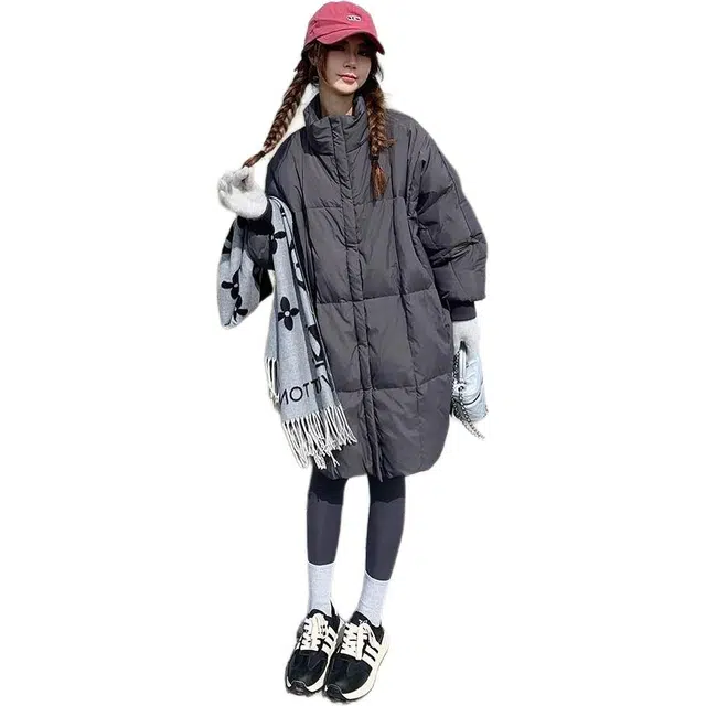 玉儿恋 纯色加厚中长款保暖立领宽松落肩面包棉服 女款