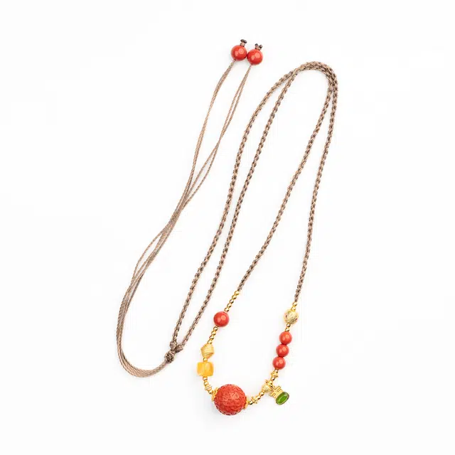 仙源 福运吉祥福禄好运 气质百搭国风新中式手编四股绳可抽拉调节再造辰砂 朱砂  玉石项链  男女同款情侣款