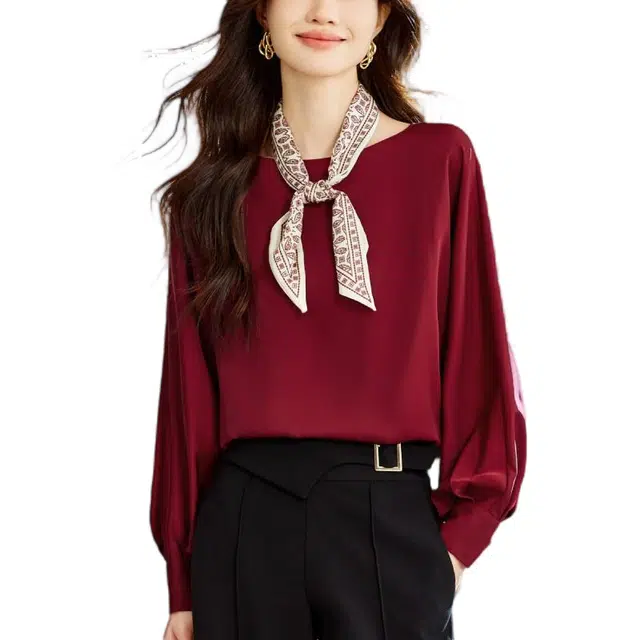 曲韩 一字领雪纺长袖女春装高级感宽松遮肚子衬衫 女款