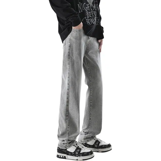 八哥 美式弯刀高街纯色基础款复古水洗做旧高腰提档百搭弹力宽松直筒阔腿垂感薄款显高显瘦微喇软牛仔裤 男女同款