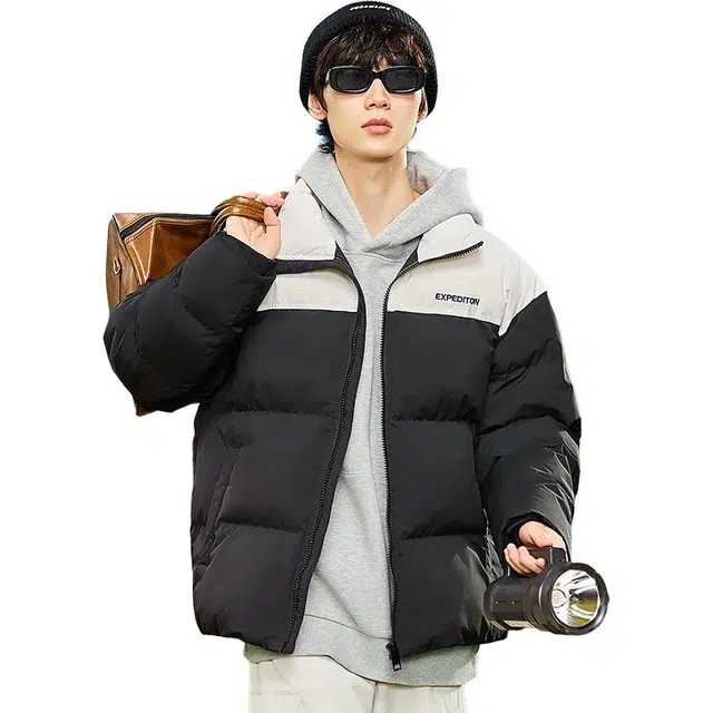 三福 撞色立领宽松保暖复古棉服 男款