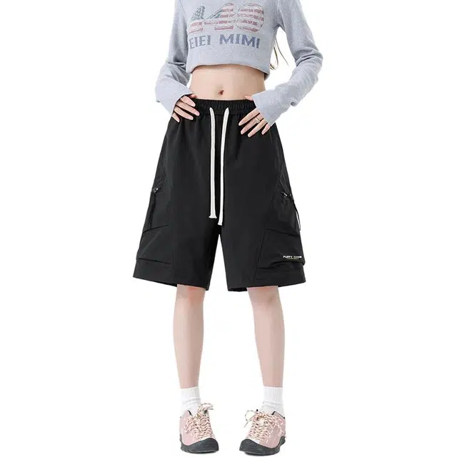 黑恐龙 直筒中腰宽松系带纯色舒适休闲短裤 男女同款