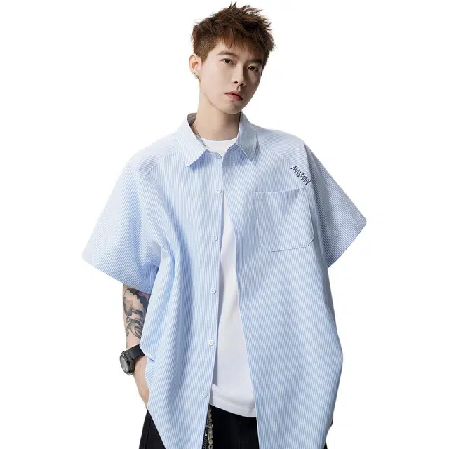 颂希尔 潮牌日系复古简约刺绣衬衣美式宽松休闲百搭短袖衬衫 男女同款