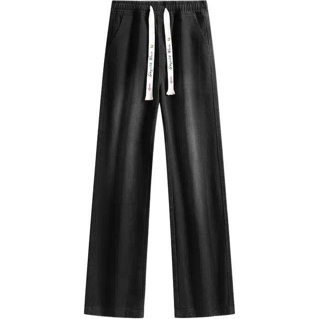 加菲猫家族 纯色基础复古风水洗做旧宽松直筒垂感柔软舒适透气系带印花设计日常通勤百搭街头个性酷帅中腰牛仔裤 男女同款