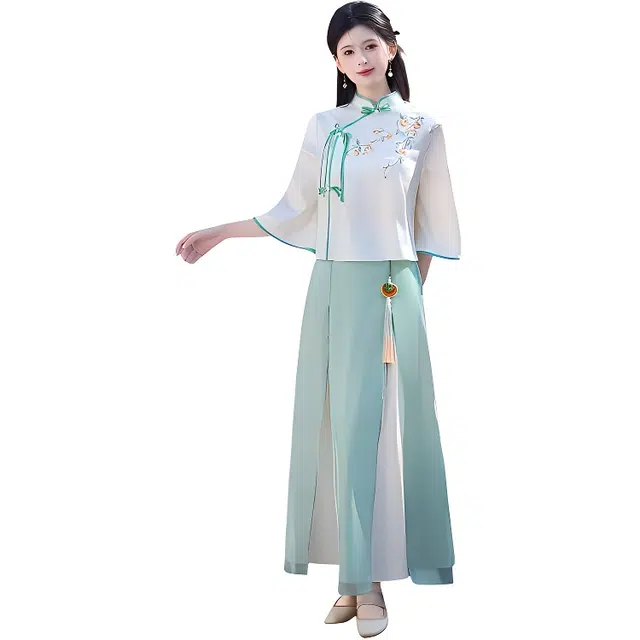 荟萃阁 新中式气质重工提花刺绣盘扣斜襟上衣搭配改良半身裙裙装套装 女款