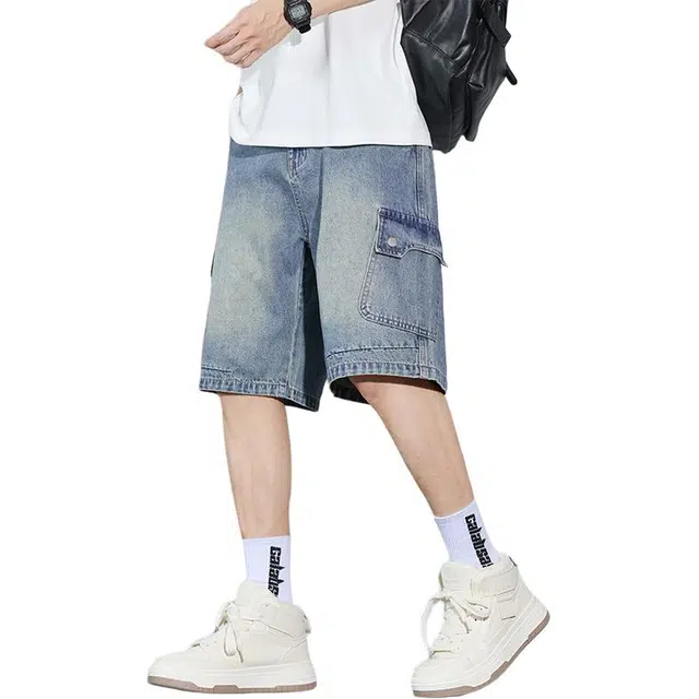 协协乐 薄款纯色高街美式工装潮牌宽松直筒五分牛仔短裤 男款