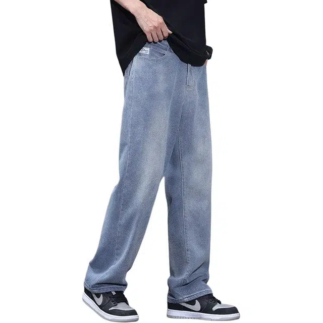 隐狼世家 星空纹美式高街怀旧复古宽松直筒长裤子牛仔裤 男款