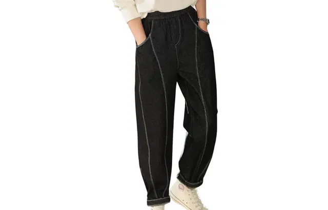 善己 撞色拼接舒适宽松休闲牛仔裤 女款 牛仔黑