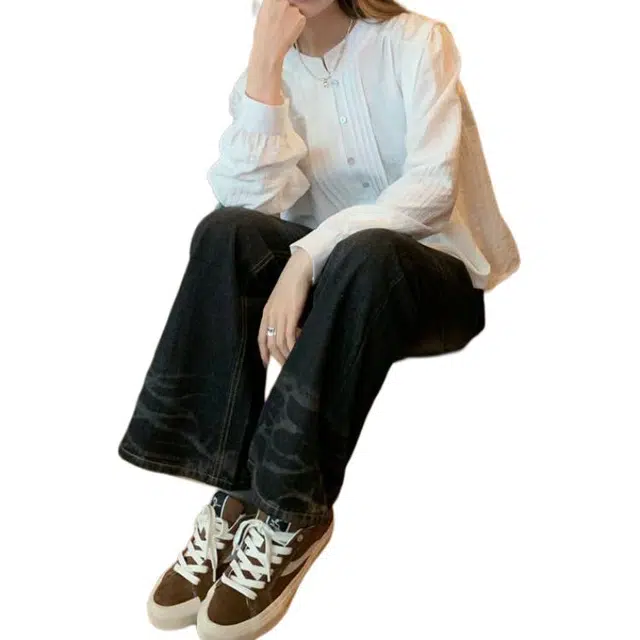 御茶家 韩系气质款纹理感小圆领长袖衬衫 女款