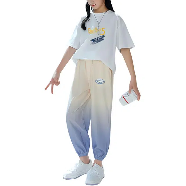 大童 憨憨象 时尚透气宽松轻薄休闲运动套装 渐变色白色