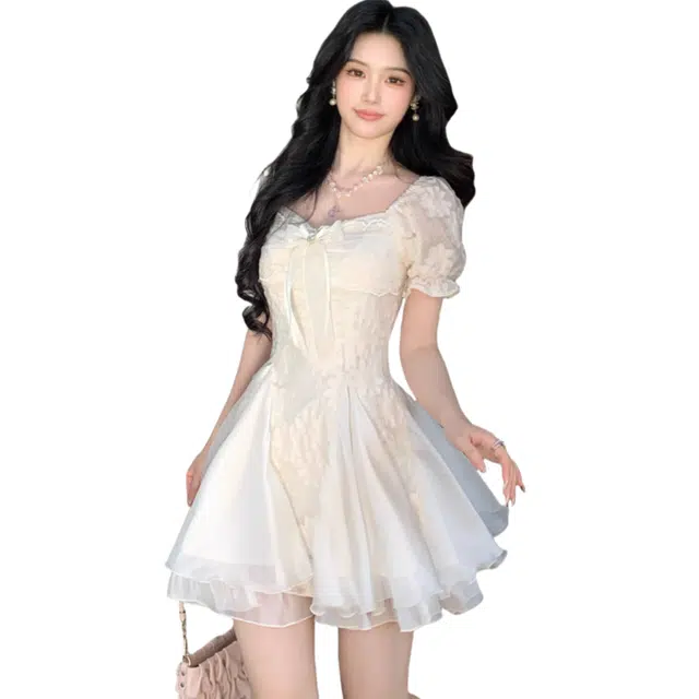 柏黛妃 白茶与风 纯欲白月光气质剪花蓬蓬网纱拼接公主裙短袖连衣裙 女款