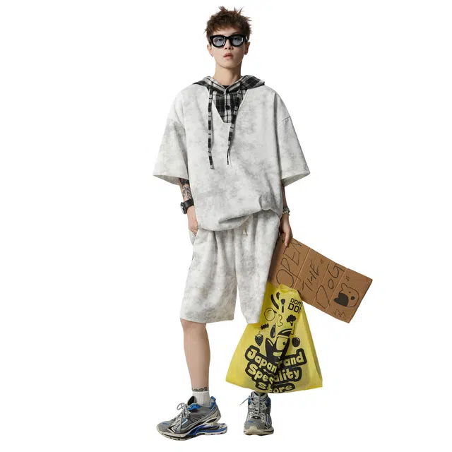 北欧攻略 美式复古拼接短袖搭配青少年潮牌短裤休闲运动套装 男女同款