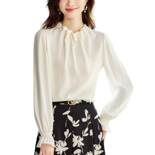 曲韩 雪纺上衣洋气遮肚子钉珠缎面打底衫衬衫 女款 奶油米