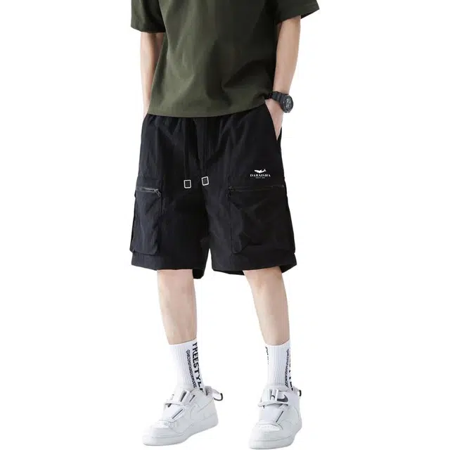 大白鲨 起皱冰丝休闲运动五分多袋裤港风潮牌拉链工装短裤 男款