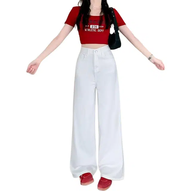 柏黛妃 阔腿慵懒高腰宽松垂感拖地直筒裤牛仔裤 女款