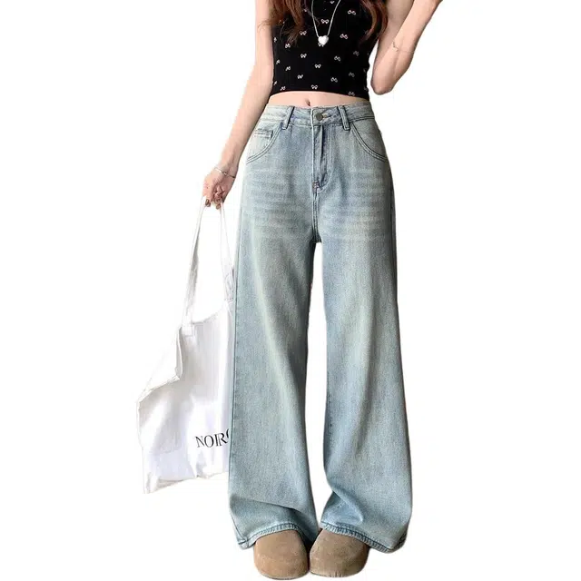 么宁 复古阔腿裤子高腰宽松垂感拖地长裤百搭牛仔裤 女款