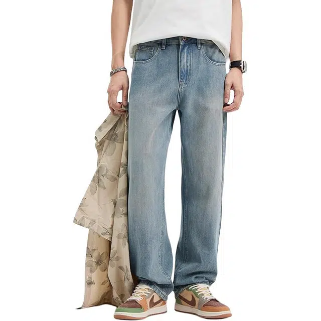 隐狼世家 美式薄款潮牌宽松垂感休闲直筒牛仔裤 男款