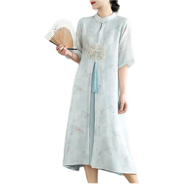 丝絮丝绸 新中式文艺国风典雅复古气质短袖连衣裙 女款