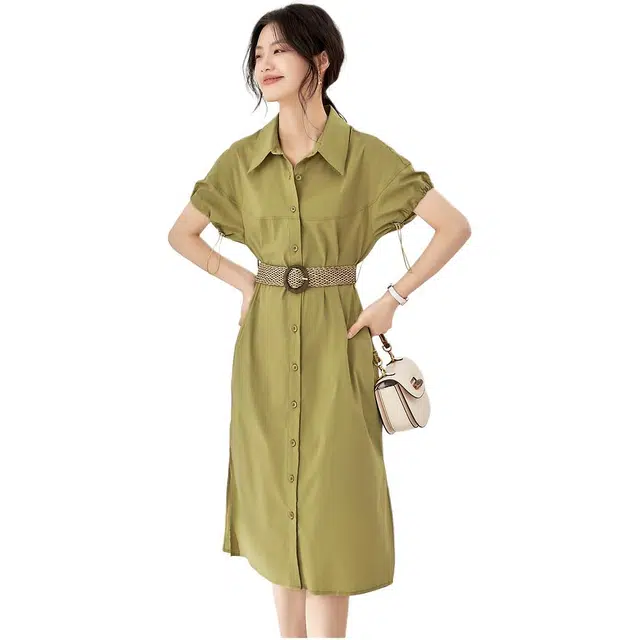 沫晗依美 连肩袖中腰开叉收腰翻领短袖连衣裙 女款 绿色