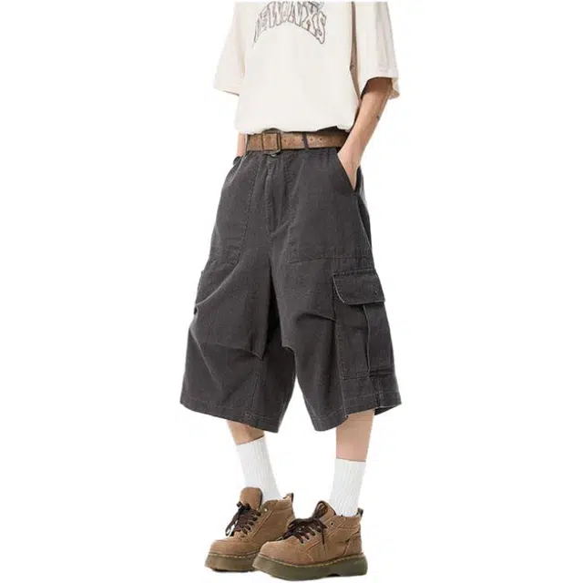 沐诚阳译 美式高街口袋七分裤时尚宽松过膝工装短裤 男款