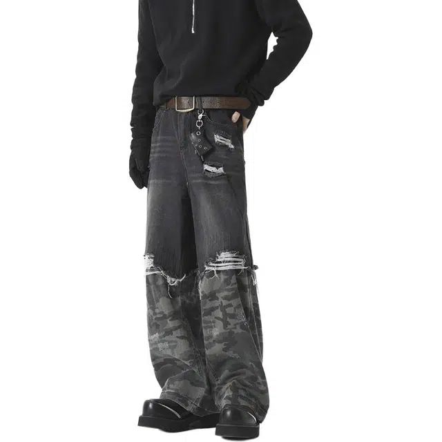 物质公式 美式简约潮牌个性小众复古水洗破洞做旧宽松高腰休闲百搭宽松直筒伐木裤迷彩拼接牛仔裤 男女同款