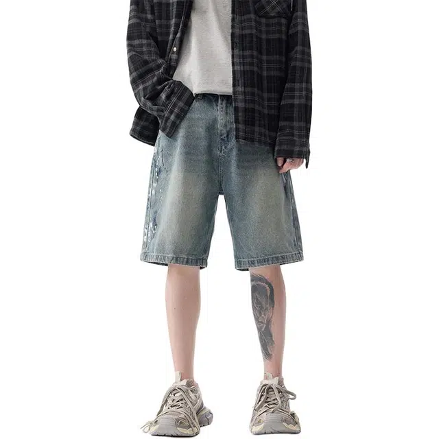 逆腾 潮牌泼墨宽松水洗休闲牛仔短裤 男款